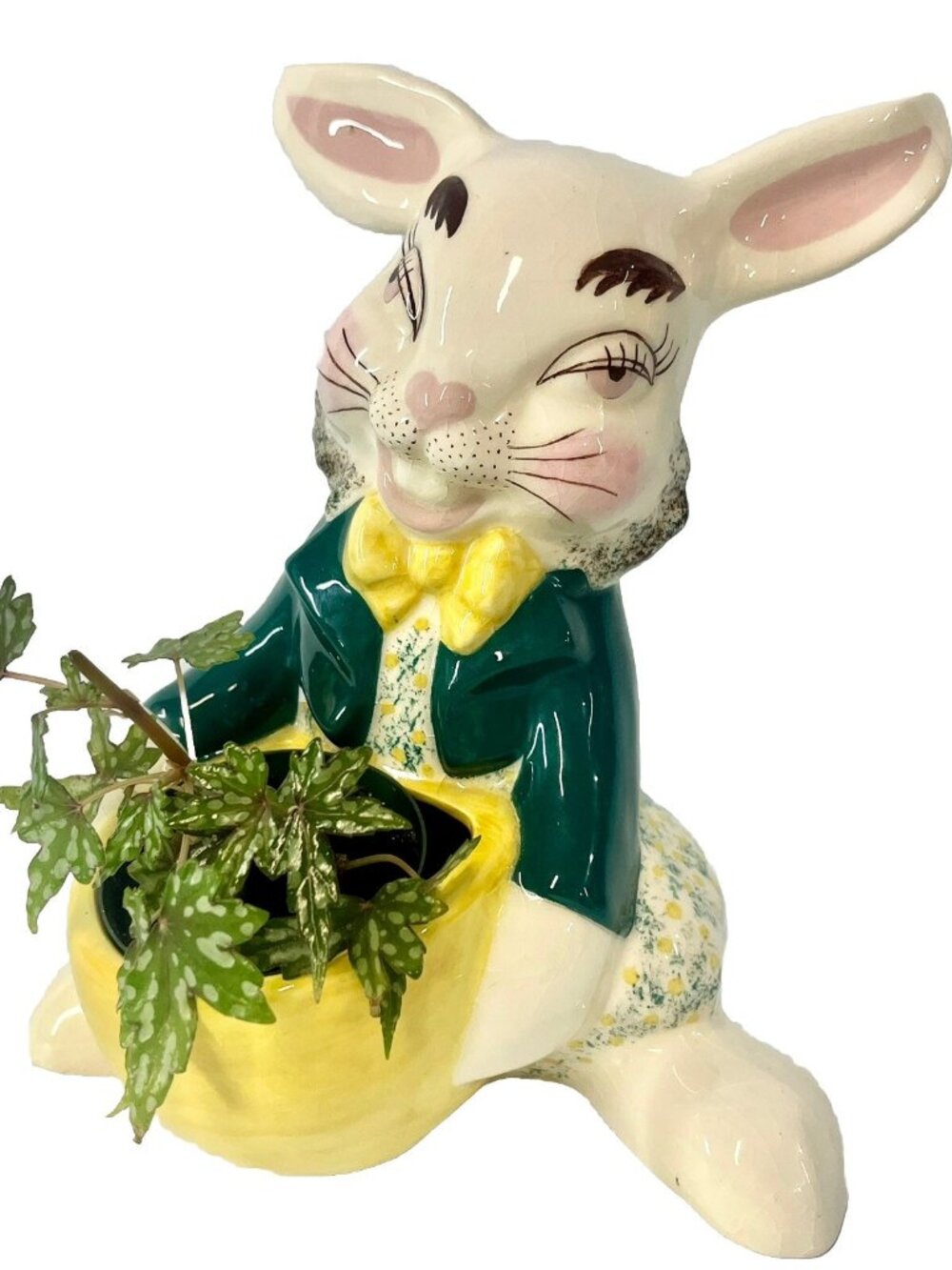 Vintage Ceramic Anthropomorphic Bunny White Rabbit Planter Candy Dish Japan